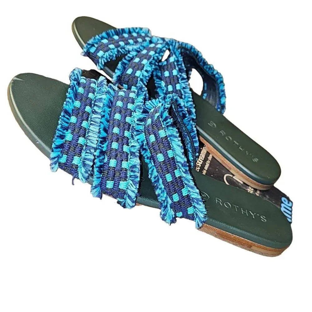 Rothy's Womens Blue Fringe Triple Fabric Strap Slide‎ On Flat Sandals 6 - Picture 2 of 7